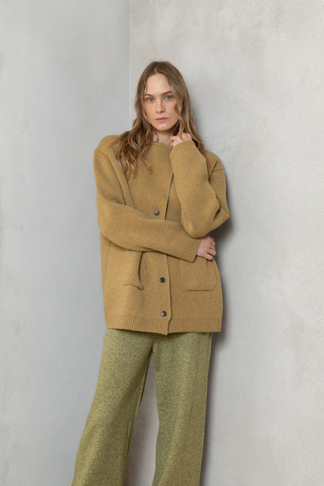 YELLOW MELANGE CASHMERE-MERINO WOOL JACKET CARDIGAN