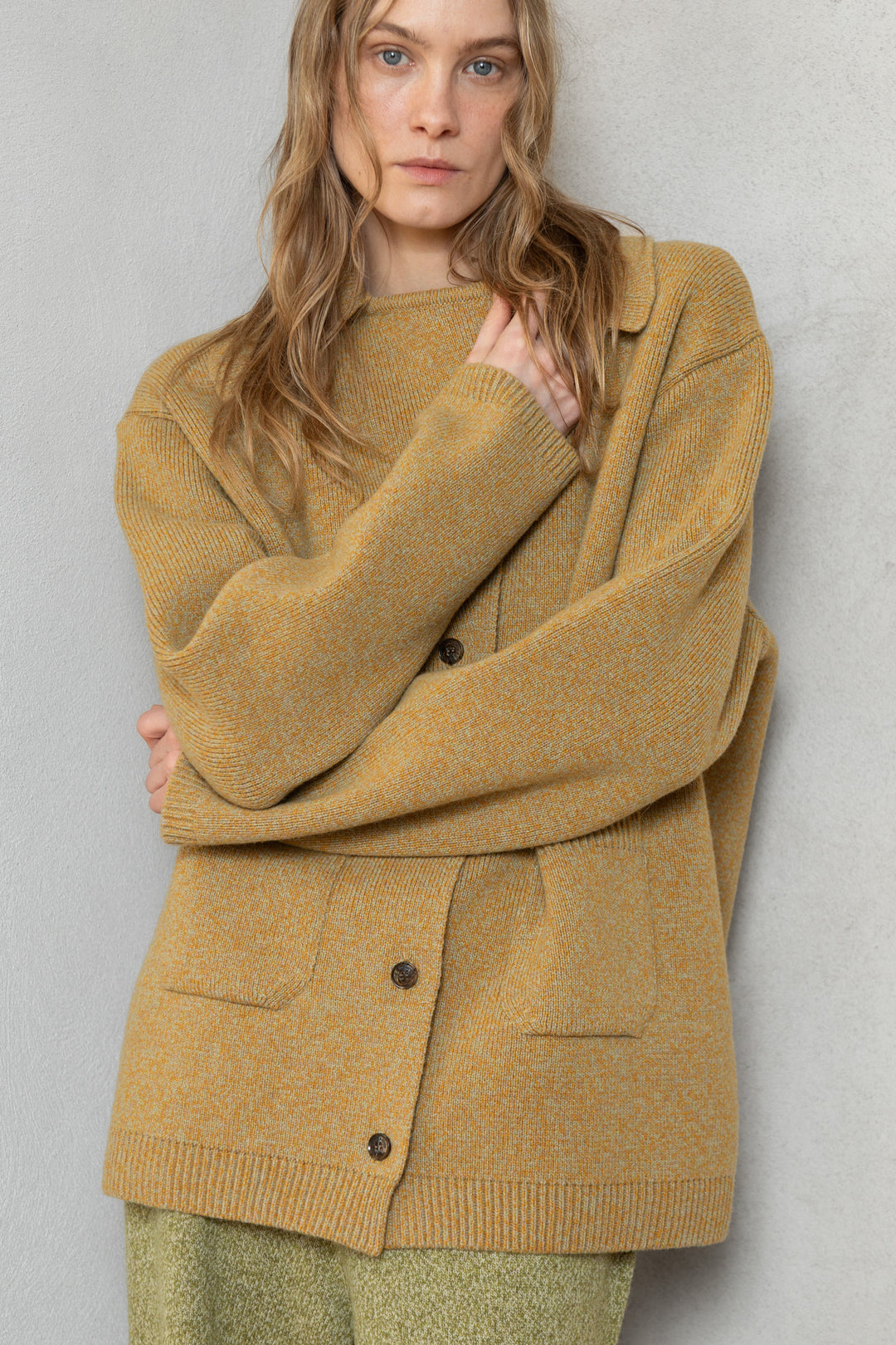 YELLOW MELANGE CASHMERE-MERINO WOOL JACKET CARDIGAN