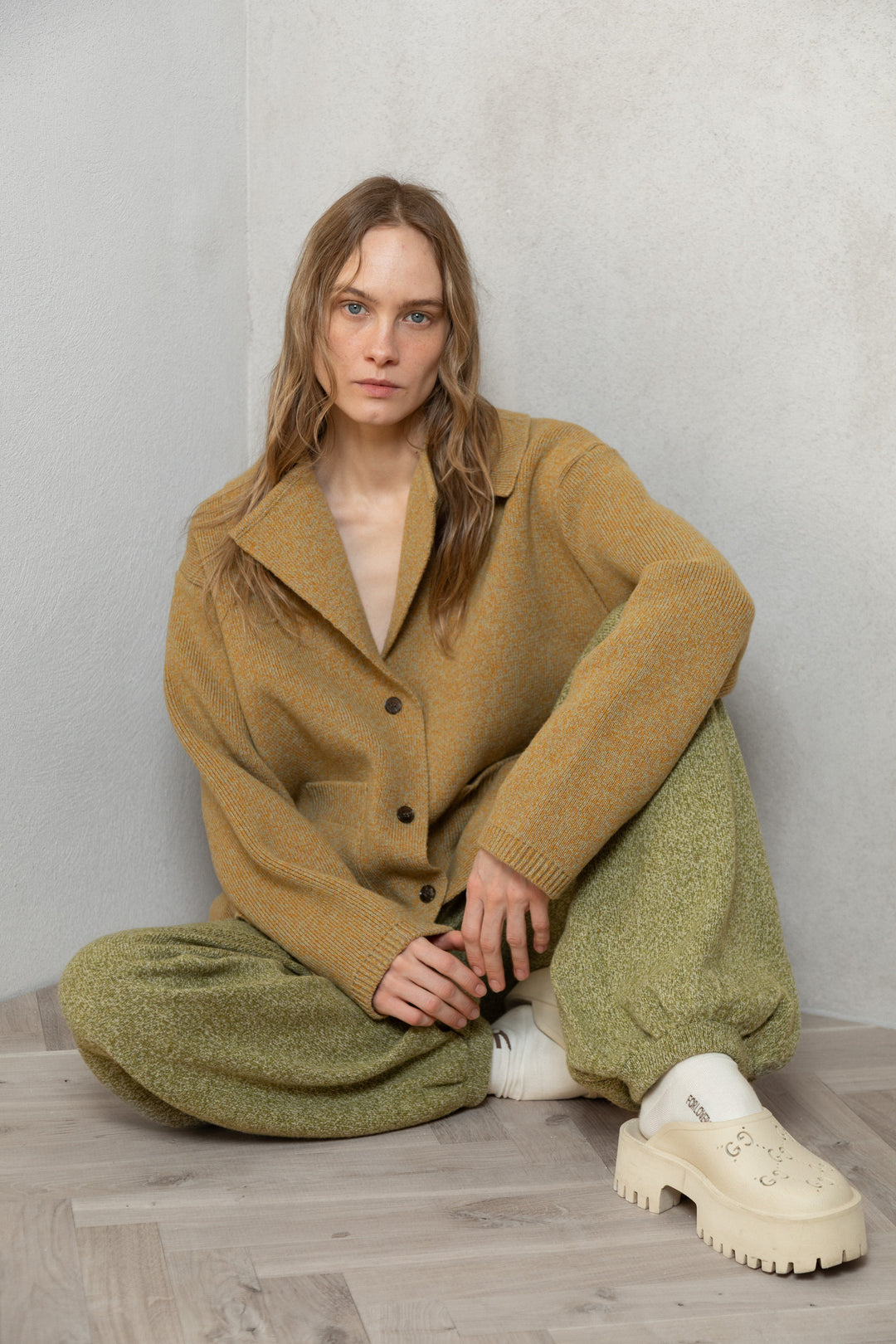 YELLOW MELANGE CASHMERE-MERINO WOOL JACKET CARDIGAN