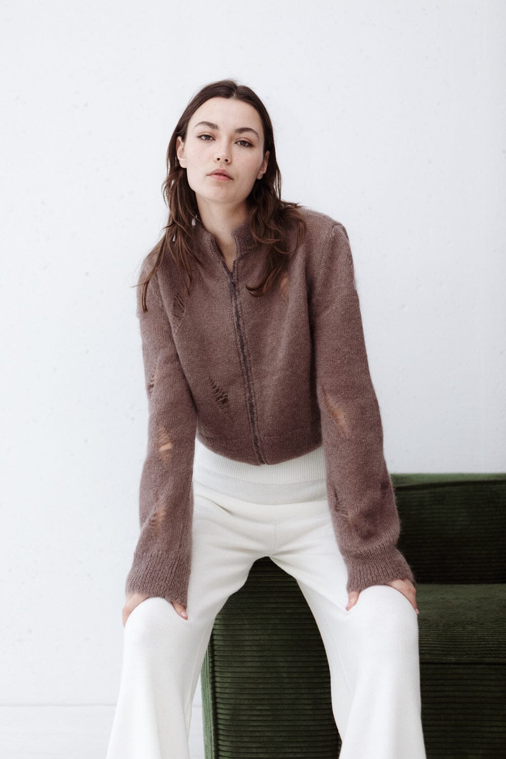 COCOA MOHAIR AND SILK CROPPED ZIP CARDIGAN for lovers and trees 