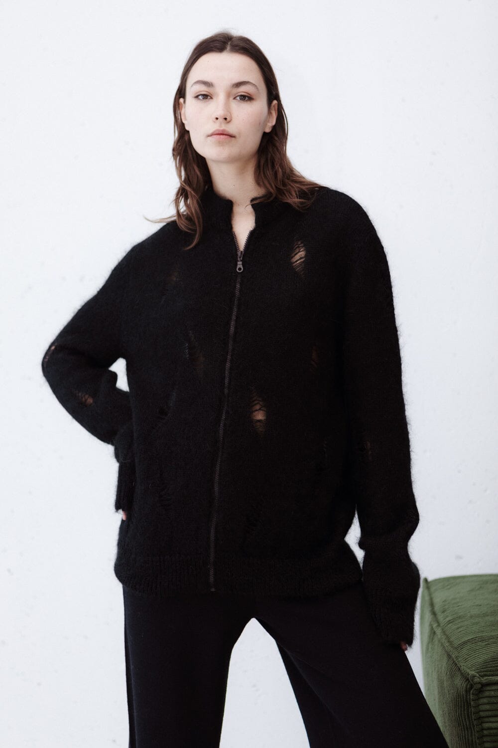BLACK MOHAIR AND SILK ZIP CARDIGAN for lovers and trees 