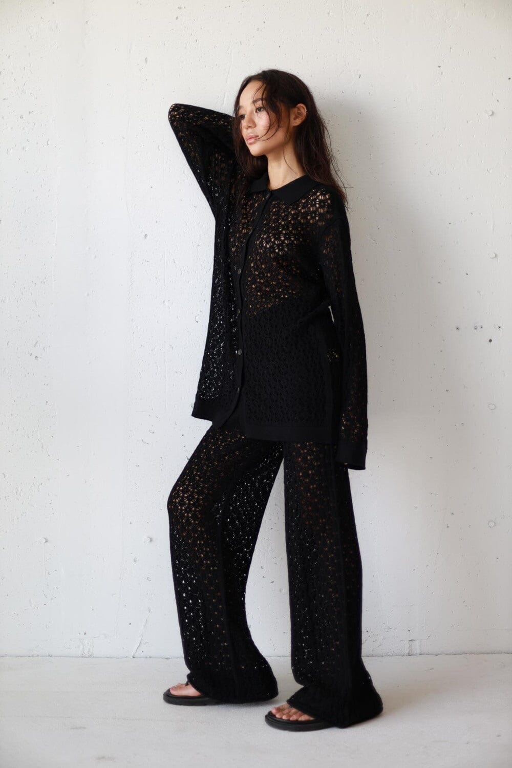 BLACK EXTRA FINE MERINO WOOL LACE TROUSERS for lovers and trees 