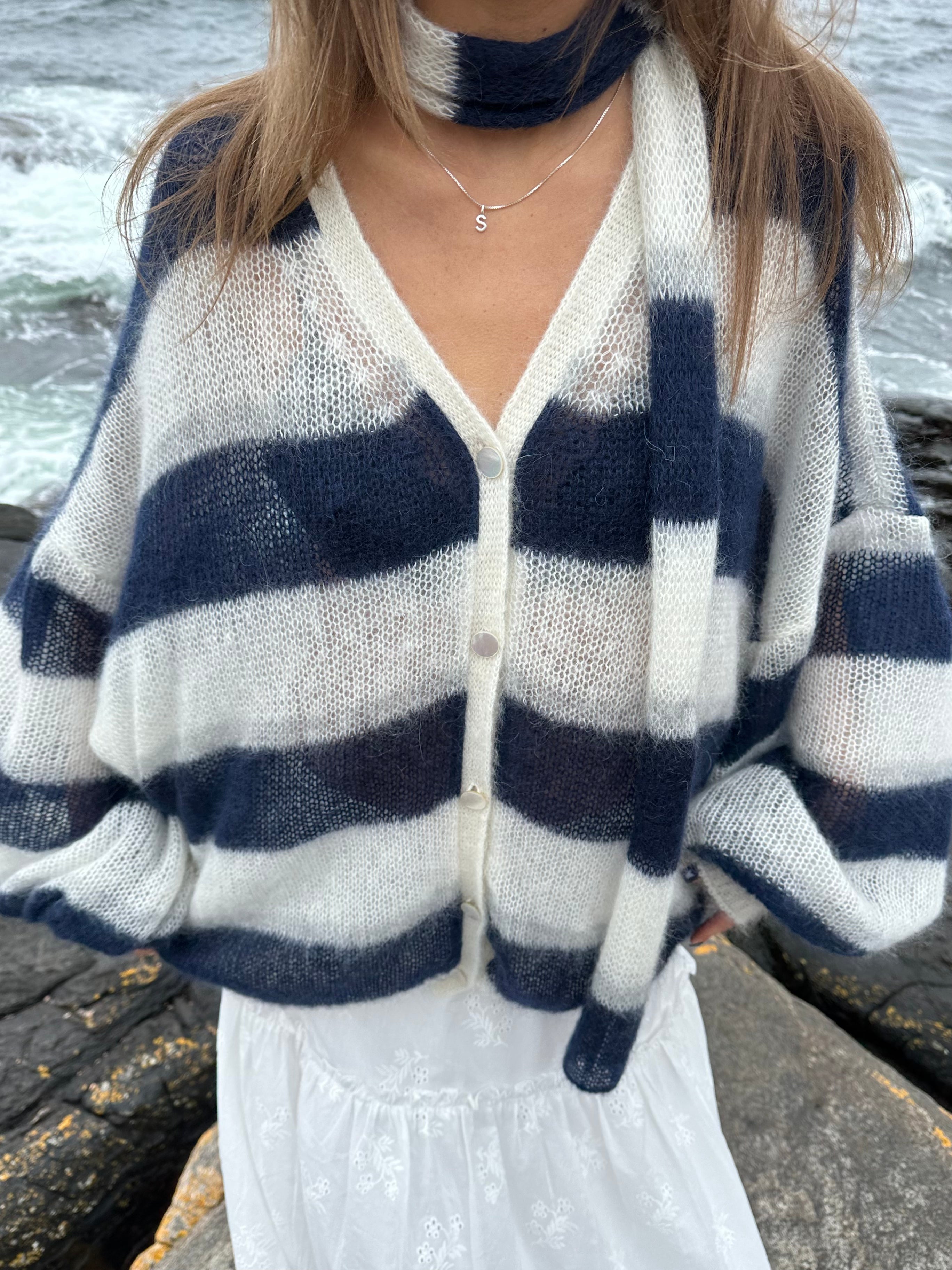 PEARL/NAVY STRIPED MOHAIR AND SILK CARDIGAN for lovers and trees 