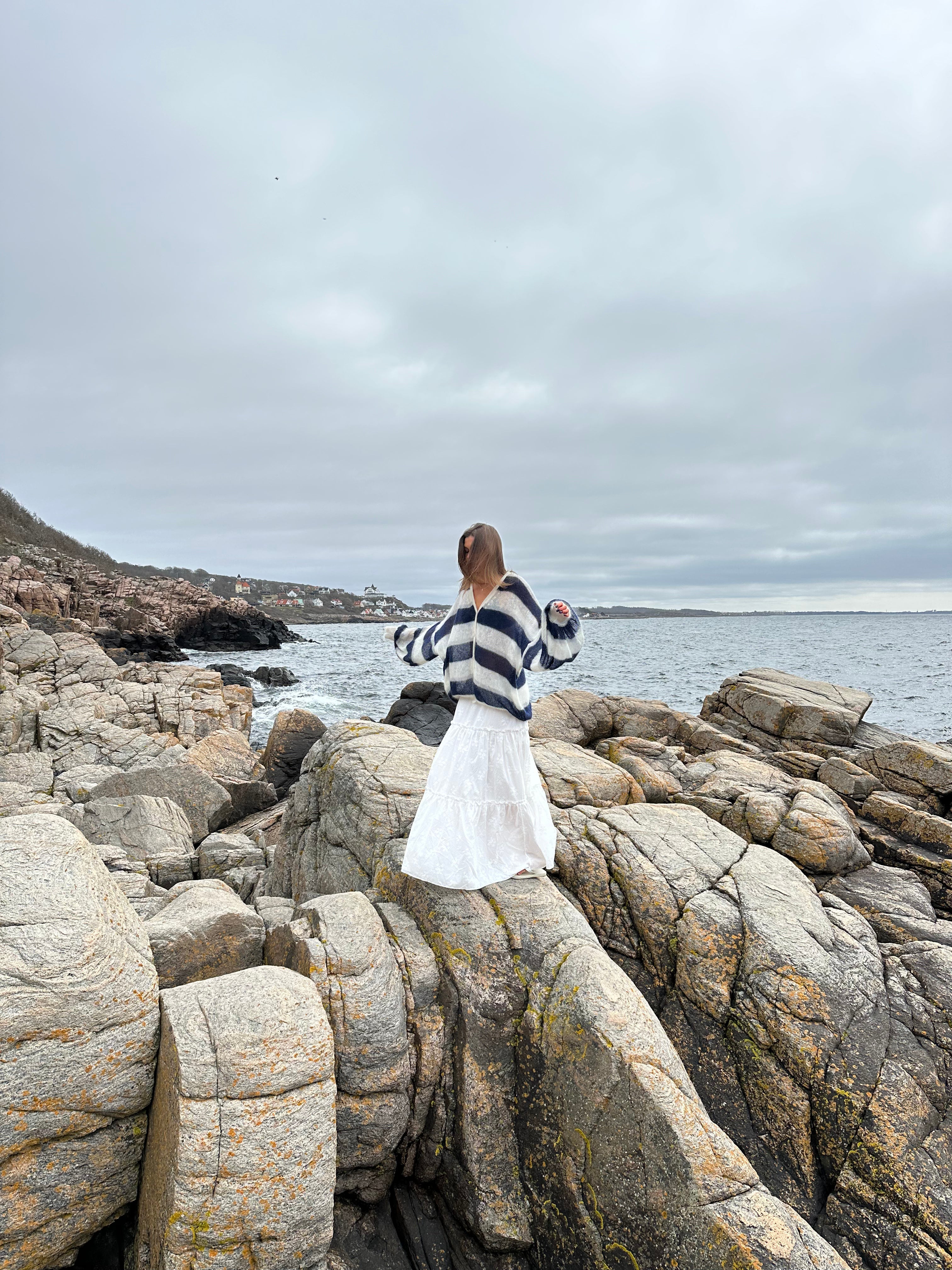 PEARL/NAVY STRIPED MOHAIR AND SILK CARDIGAN for lovers and trees 