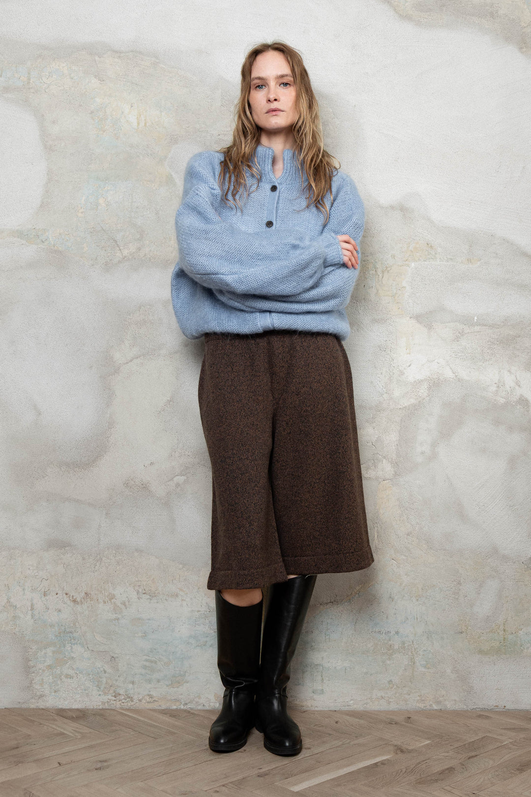 OCEAN BLUE MOHAIR AND SILK BUTTON DOWN CARDIGAN