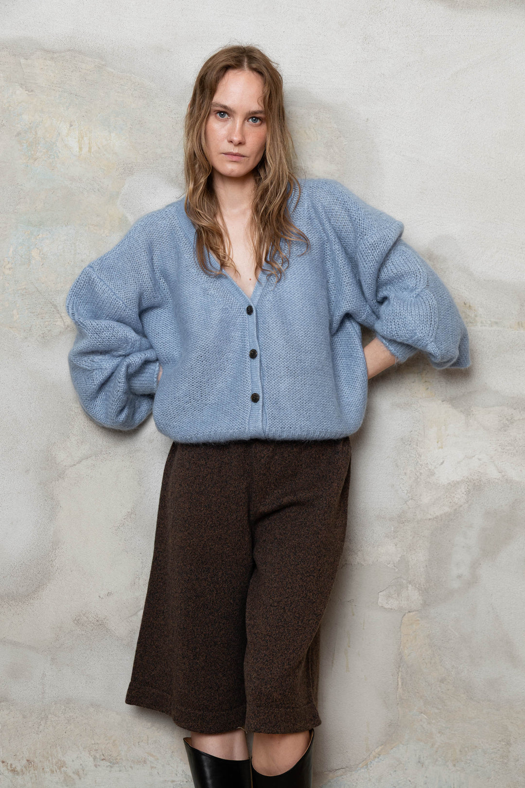 OCEAN BLUE MOHAIR AND SILK CROPPED CARDIGAN