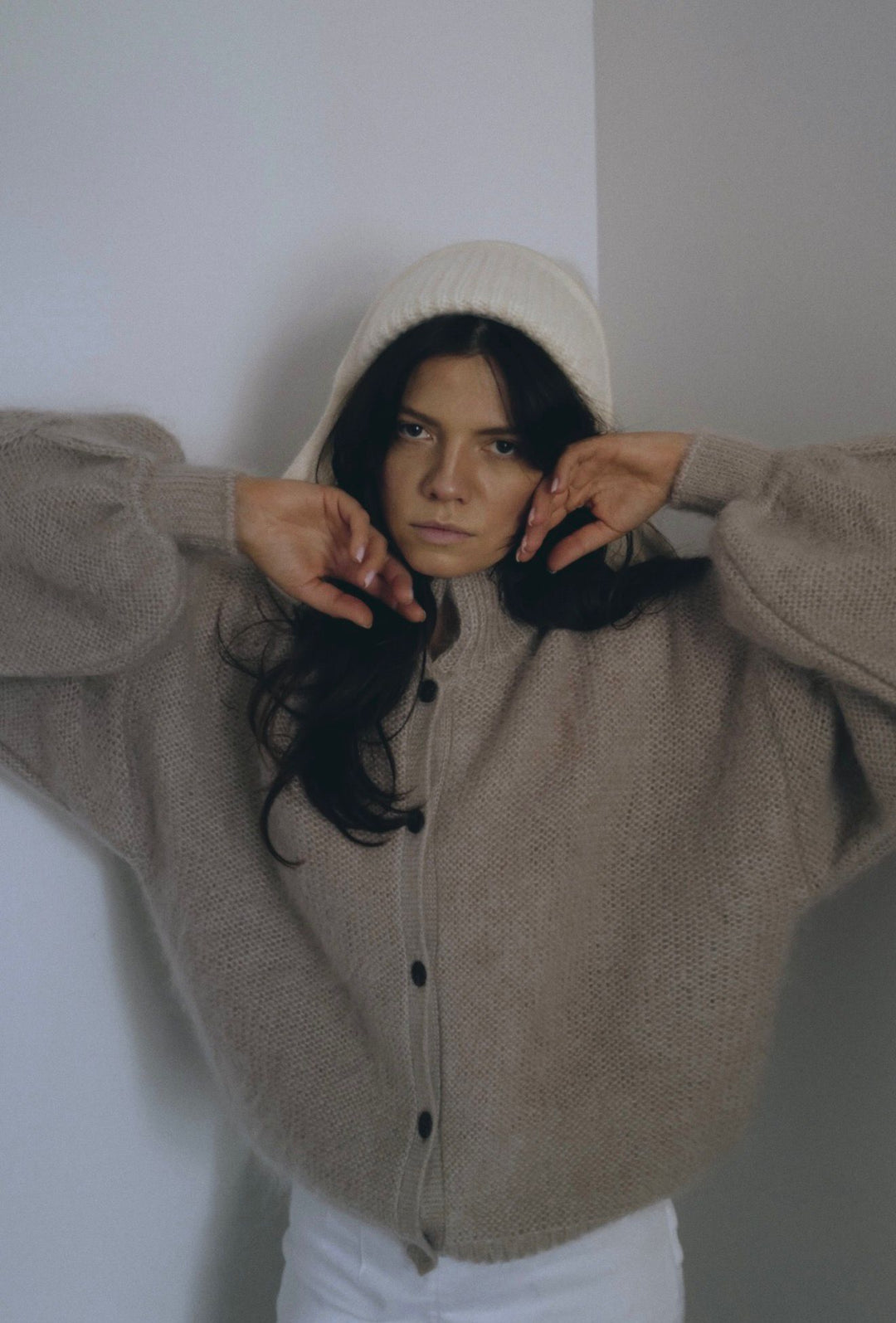 SAND MOHAIR AND SILK BUTTON DOWN CARDIGAN