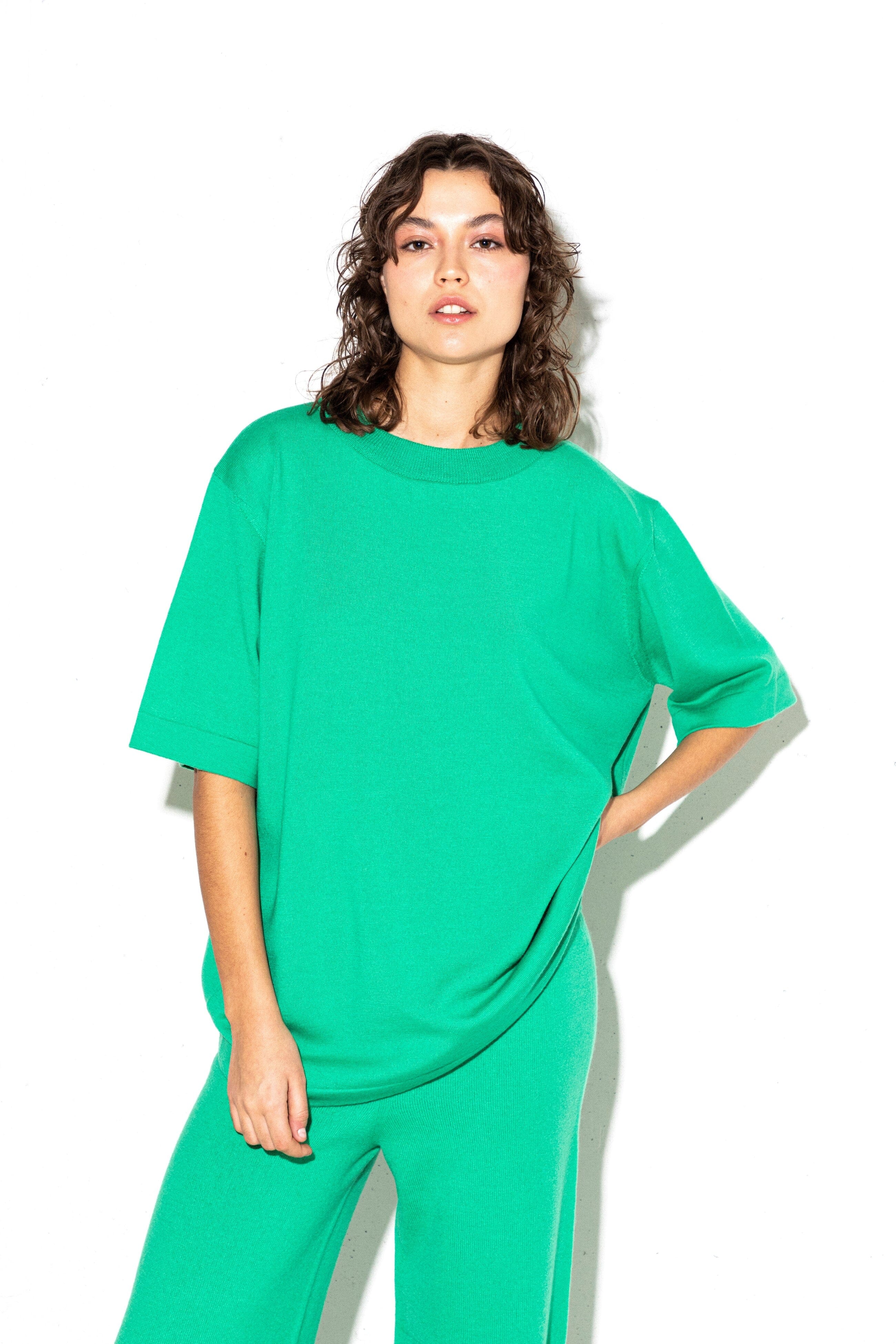 PRE-ORDER ELECTRIC GREEN EXTRA FINE MERINO WOOL T-SHIRT AND TROUSERS SET for lovers and trees 