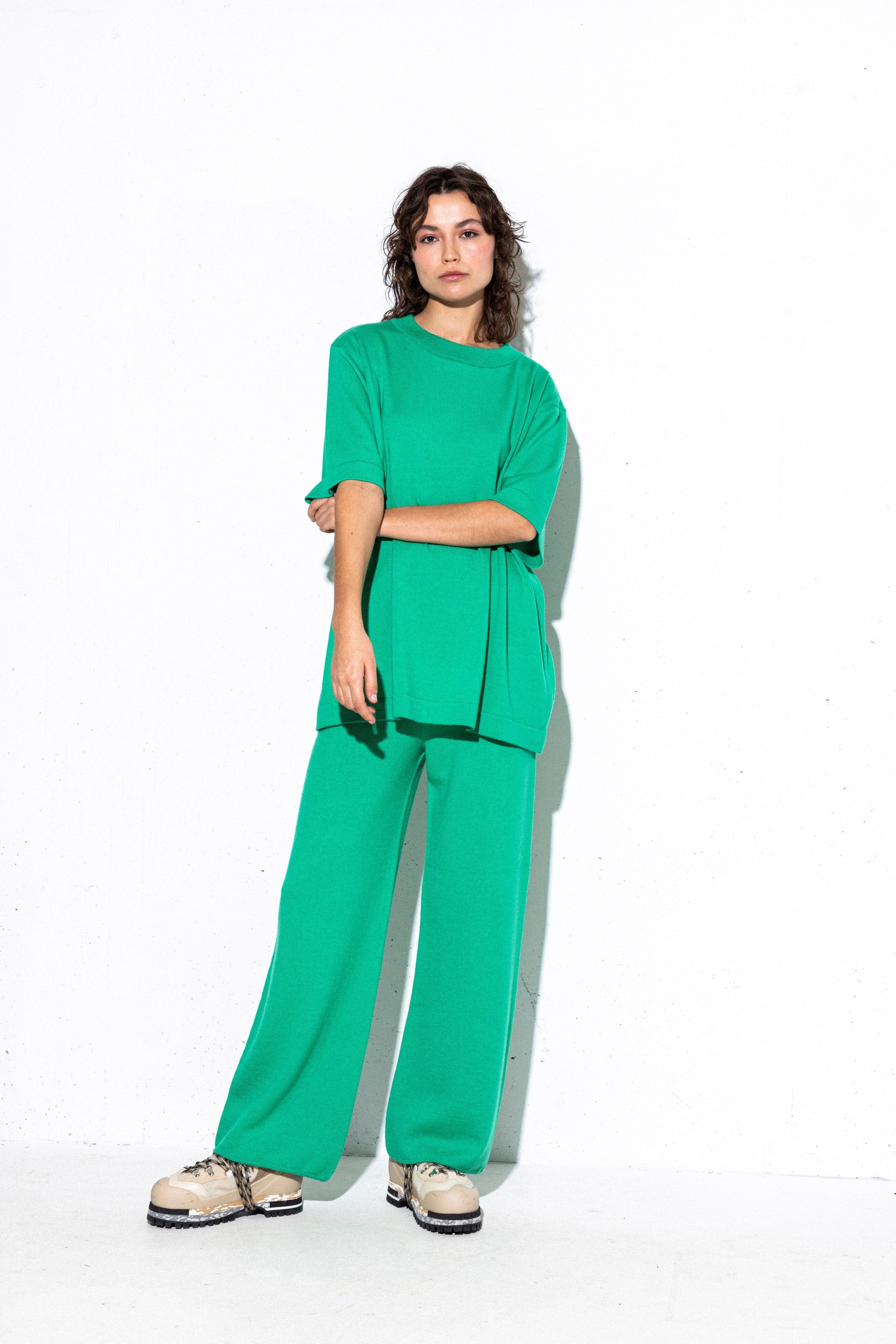PRE-ORDER ELECTRIC GREEN EXTRA FINE MERINO WOOL T-SHIRT AND TROUSERS SET for lovers and trees 