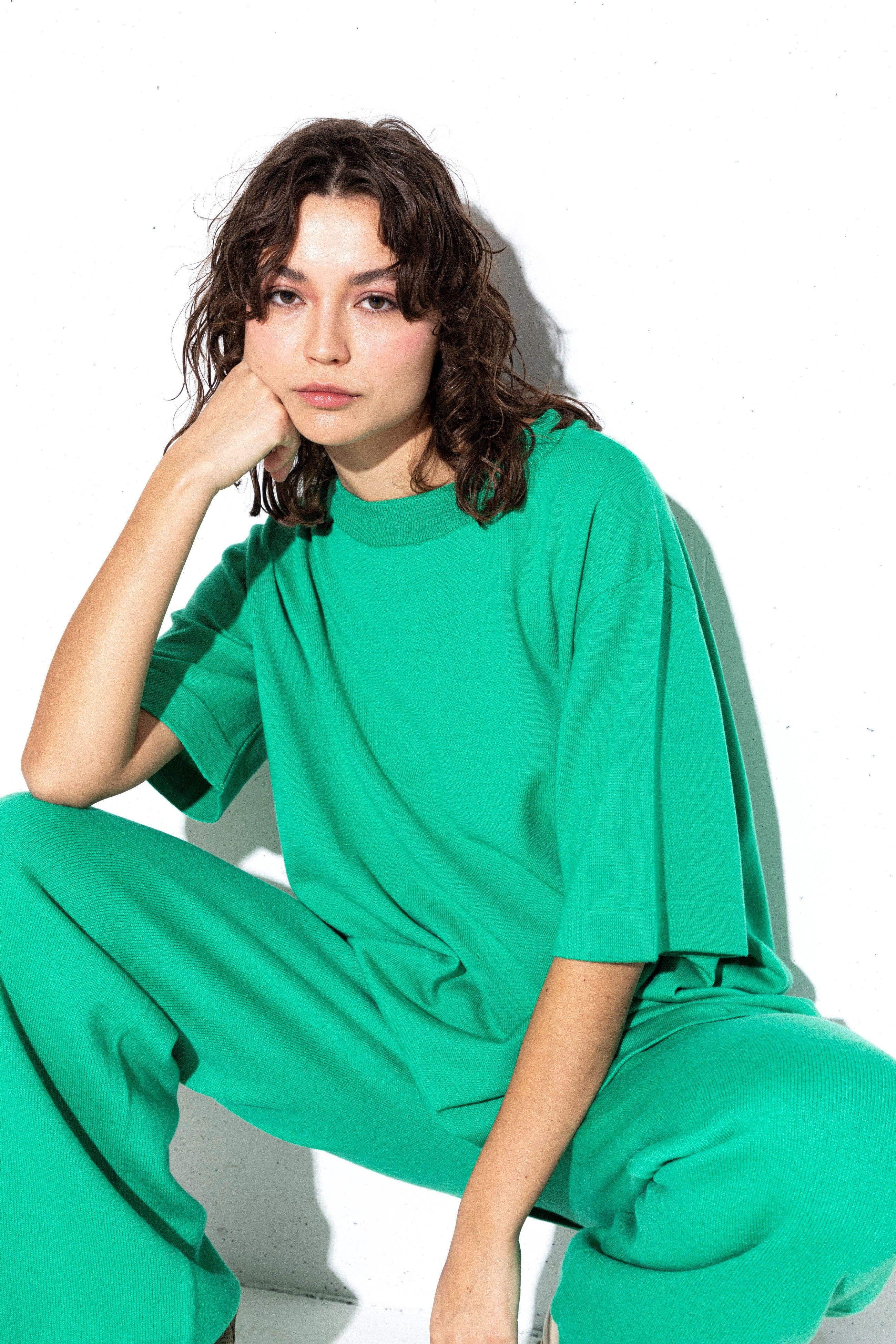 PRE-ORDER ELECTRIC GREEN EXTRA FINE MERINO WOOL T-SHIRT AND TROUSERS SET for lovers and trees ONE SIZE WITH LABEL 